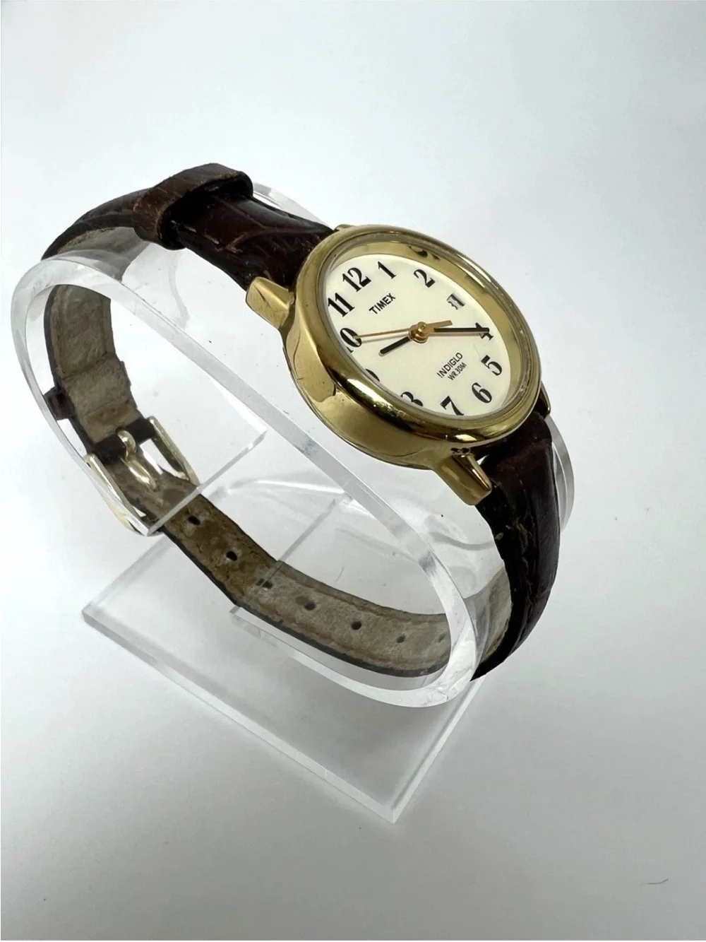 Timex Gold-Tone Round Watch with White Dial and Brown Leather Strap